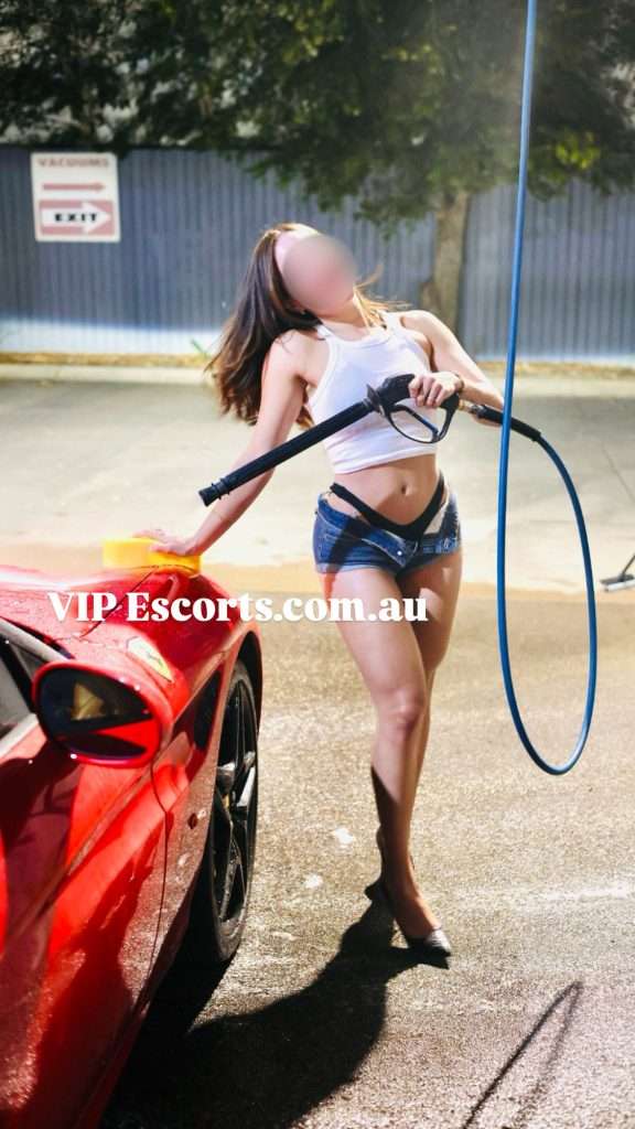 Sunshine Coast VIP escort Melissa in lingerie at a Ferrari car wash, showing off her curves and playful, seductive energy for exclusive VIP experiences, couples, threesomes, and multi-hour bookings.